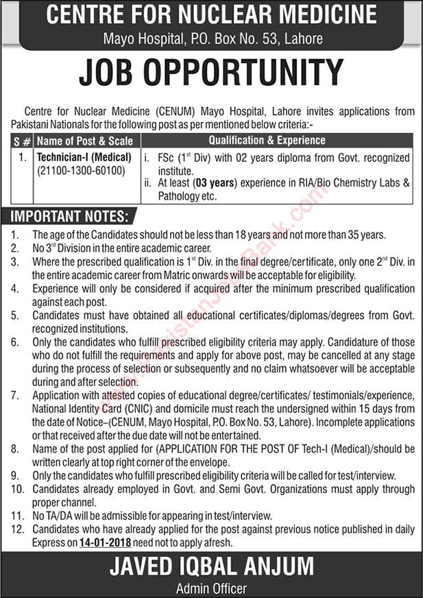 Medical Technician Jobs in Centre for Nuclear Medicine Mayo Hospital Lahore February 2018 Latest