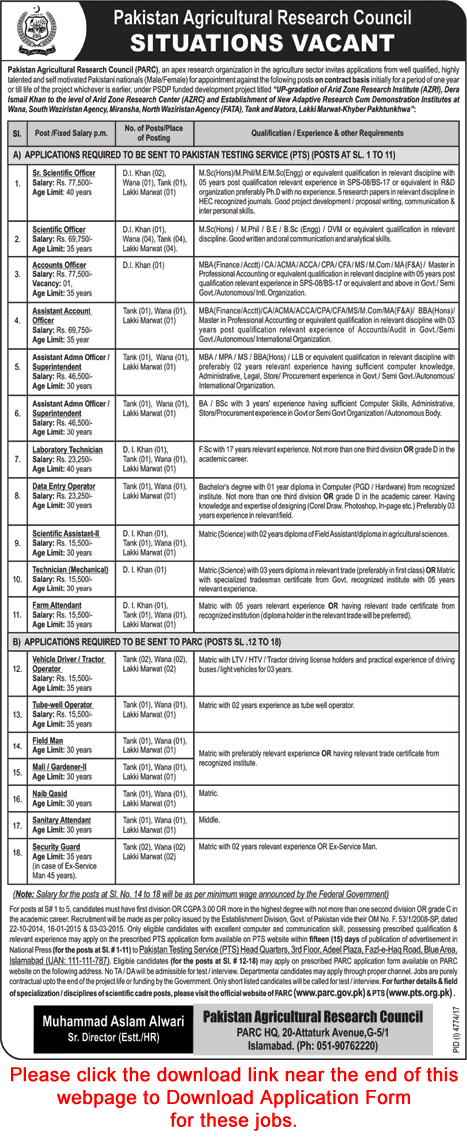 Pakistan Agricultural Research Council Jobs March 2018 PTS Application Form Scientific Officers & Others Latest