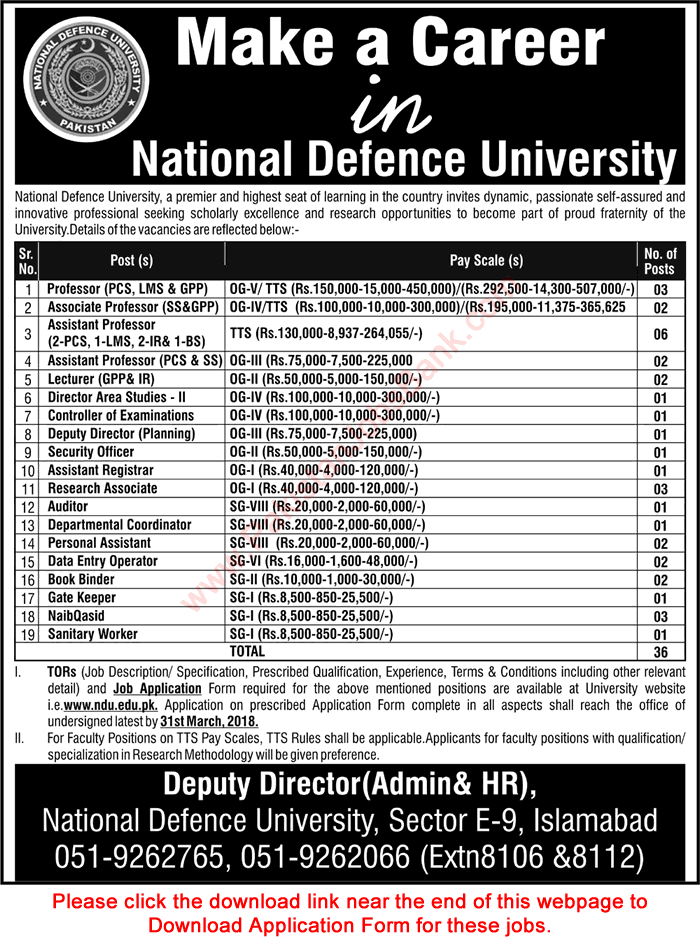 National Defence University Islamabad Jobs 2018 March Application Form Teaching Faculty & Others Latest