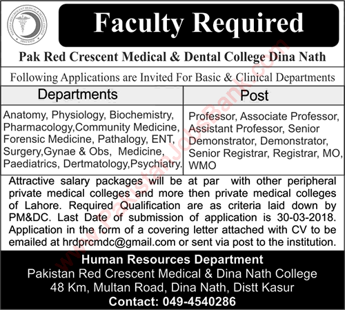 Pakistan Red Crescent Medical and Dental College Dina Nath Jobs 2018 March Teaching Faculty & Medical Officers Latest