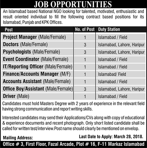 NGO Jobs in Pakistan 2018 March Doctors, Psychologists, Office Boys / Assistants & Others Latest