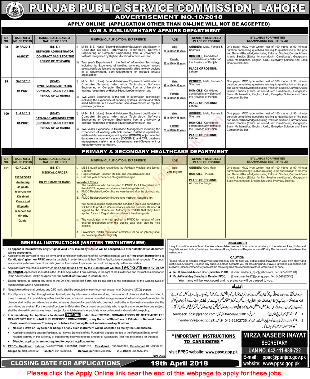 Medical Officers Jobs in Primary and Secondary Healthcare Department Punjab April 2018 PPSC Apply Online Latest