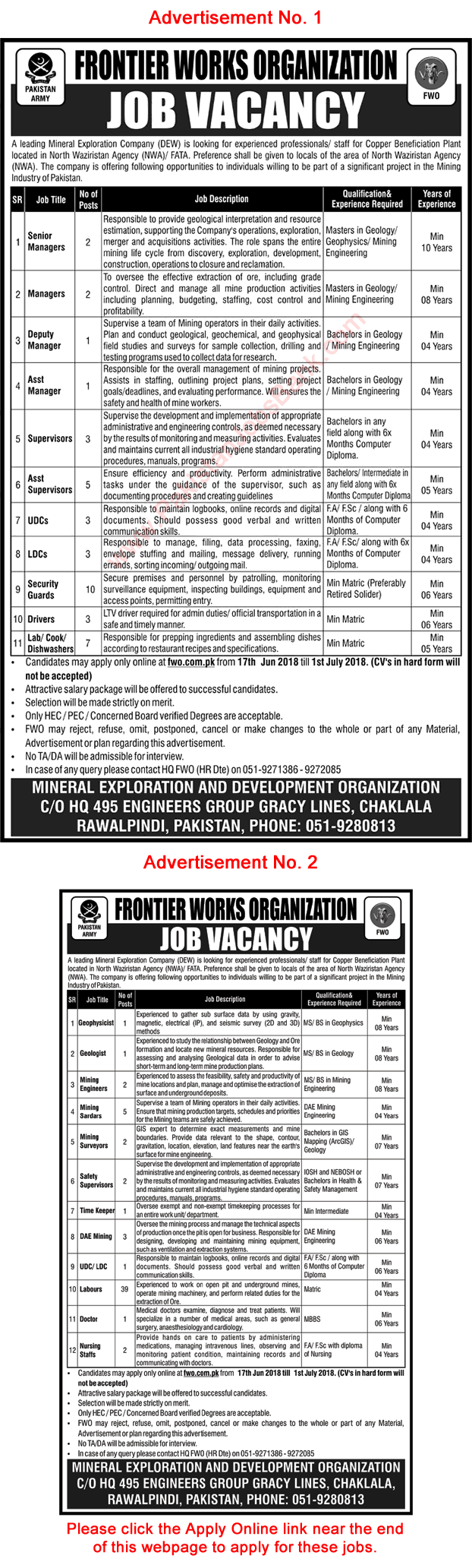 FWO Jobs June 2018 Apply Online Mining Sardars, Labours, Security Guards & Others Frontier Works Organization Latest