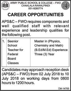 Army Public School and College Rawalpindi Jobs July 2018 FWO for Teachers APS&C Latest