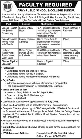 Army Public School and College Sukkur Jobs July 2018 Teachers, Lecturers & DPE Latest