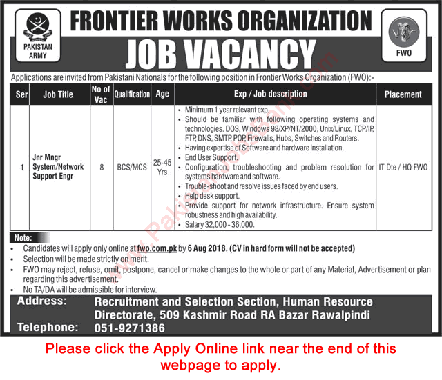 System / Network Support Engineer Jobs in FWO 2018 July Apply Online Frontier Works Organization Latest