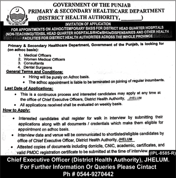 Health Department Jhelum Jobs August 2018 Medical Officers & Consultants Latest