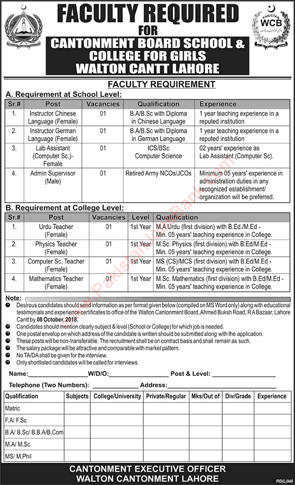 Cantonment Board School and College for Girls Lahore Jobs September 2018 October Teachers & Others Latest