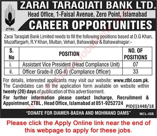 ZTBL Jobs September 2018 October Apply Online Compliance Officers & Head Zarai Taraqiati Bank Limited Latest
