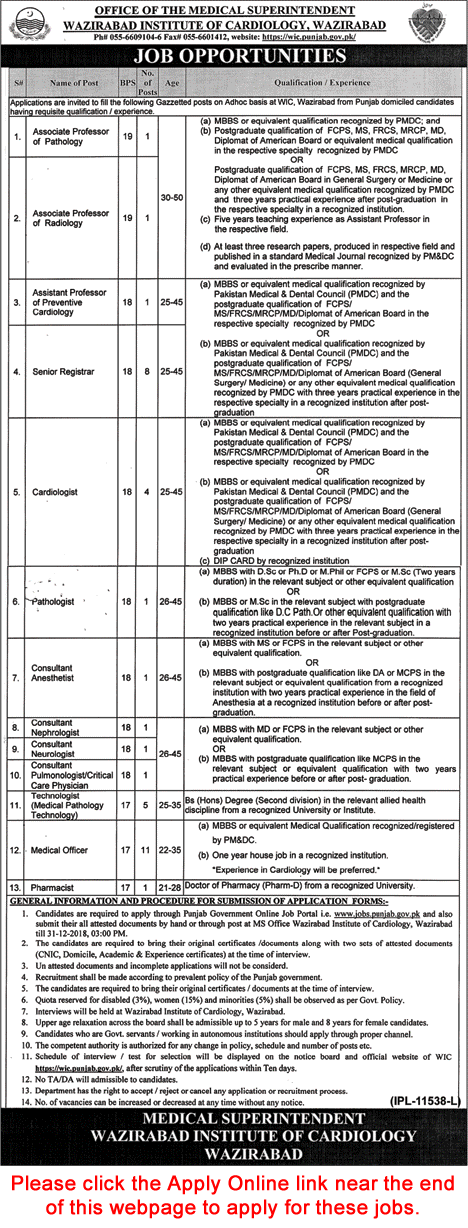 Wazirabad Institute of Cardiology Jobs December 2018 WIC Online Application Form Latest