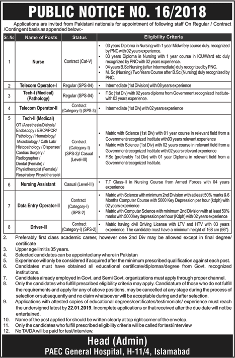 PAEC General Hospital Islamabad Jobs 2019 Technicians, Data Entry Operators & Others Latest