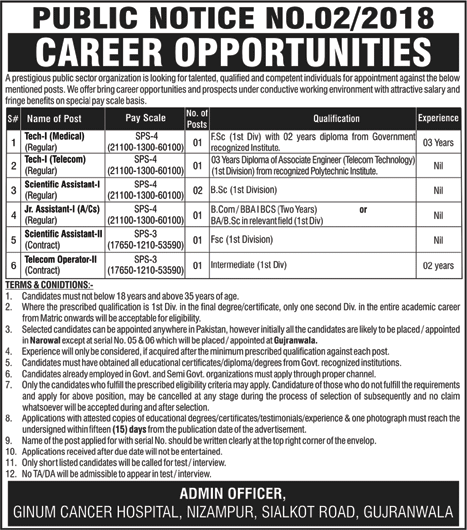 GINUM Cancer Hospital Gujranwala Jobs 2019 Scientific Assistants, Technicians & Others Latest
