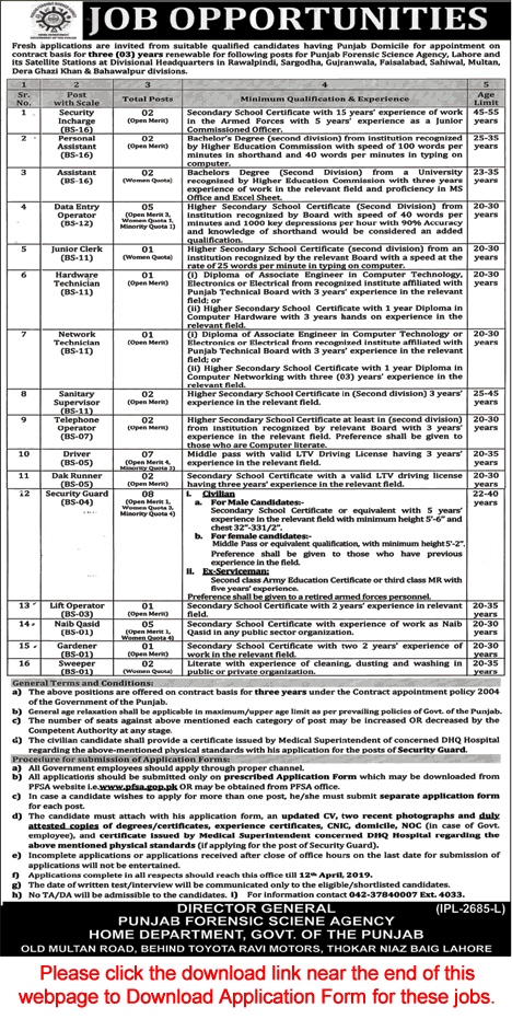 Punjab Forensic Science Agency Jobs 2019 March Application Form Data Entry Operators, Drivers & Others Latest