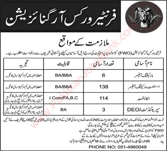FWO Jobs April 2019 Motorways Project Marketing Officers, Accountants & Others Frontier Works Organization Latest