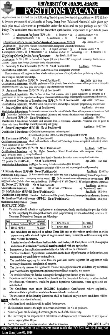 University of Jhang Jobs 2019 May Teaching Faculty & Others Latest
