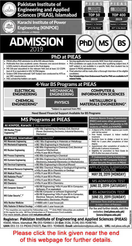 PIEAS Fellowships May 2019 Postgraduate / MS Programs KINPOE Online Application Form Latest / New