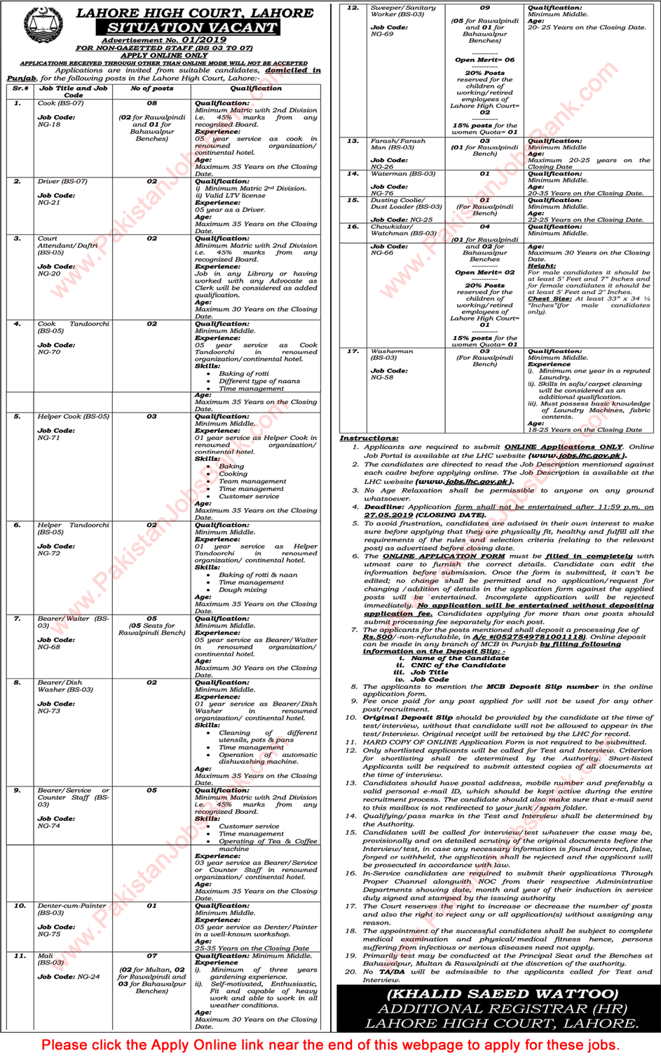 Lahore High Court Jobs 2019 May Apply Online Sanitary Workers, Sweepers, Cooks & Others Latest