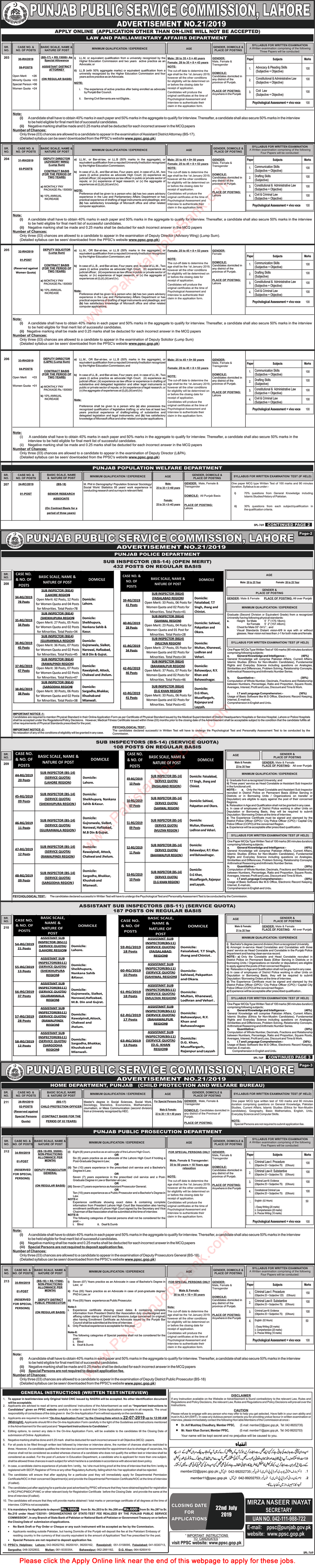 PPSC Jobs July 2019 Apply Online Consolidated Advertisement No 21/2019 Latest