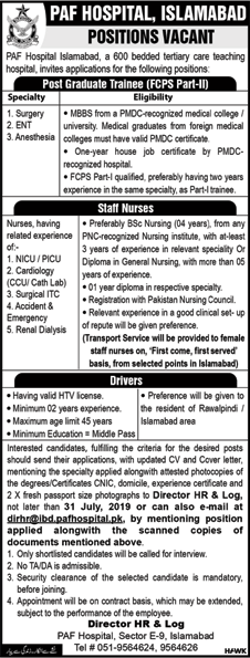 PAF Hospital Islamabad Jobs July 2019 August Nurses, Postgraduate Trainees & Drivers Latest