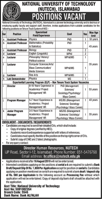 NUTECH University Islamabad Jobs July 2019 August Teaching Faculty & Others Latest