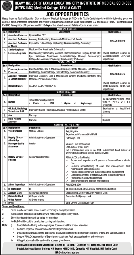 HITEC IMS Taxila Jobs September 2019 Teaching Faculty & Others Institute od Medical Sciences Latest