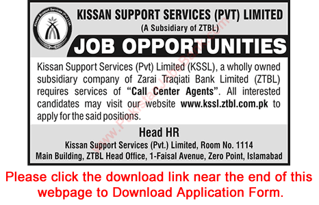 Call Center Agent Jobs in Kissan Support Services 2019 September Application Form KSSL ZTBL Latest