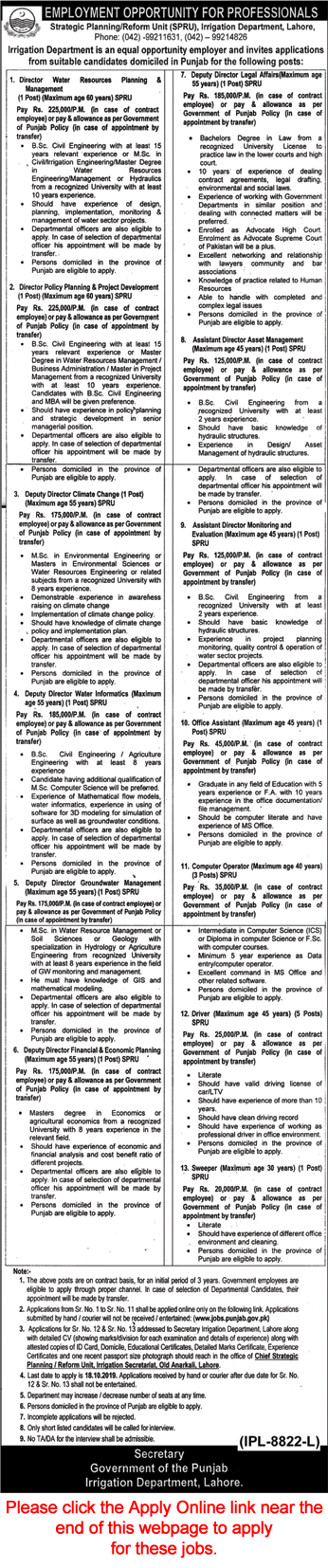 Irrigation Department Punjab Jobs September 2019 Apply Online Computer Operators, Drivers & Others Latest