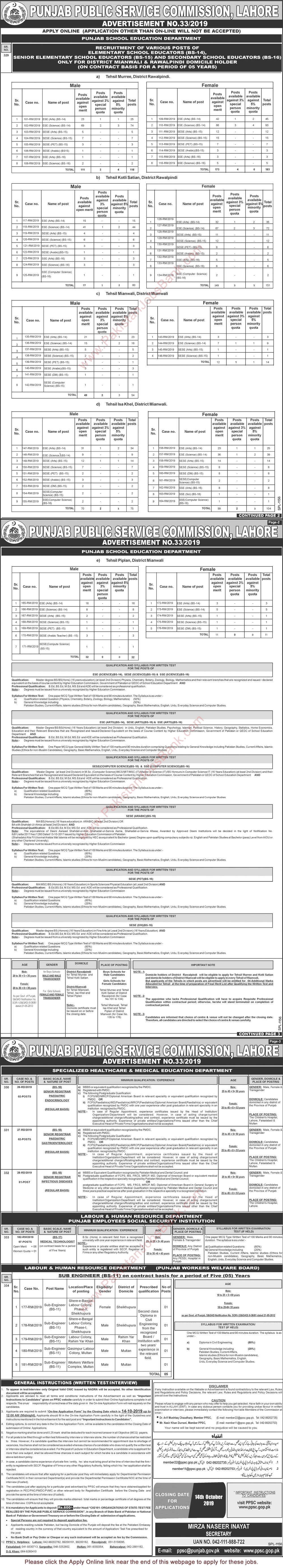 PPSC Jobs September 2019 Apply Online Consolidated Advertisement No 33/2019 Latest