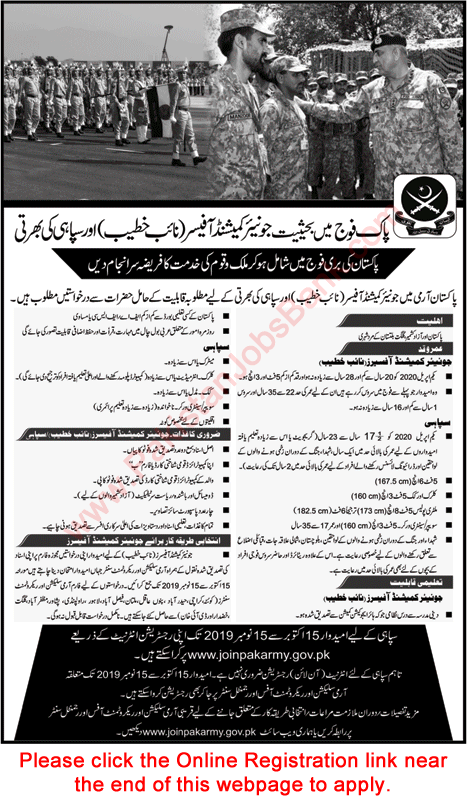 Join Pakistan Army as Soldier & Naib Khateeb October 2019 Junior Commissioned Officer Online Registration Latest