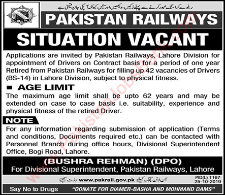 Driver Jobs in Pakistan Railways October 2019 Lahore Division Latest