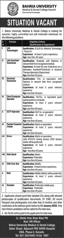 Bahria University Medical and Dental College Karachi Jobs December 2019 Lab Technicians & Others Latest