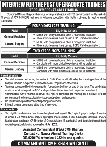 CMH Kharian FCPS-II / MCPS Postgraduate Training 2019 December Combined Military Hospital Latest
