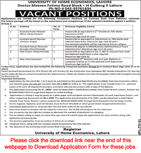 University of Home Economics Lahore Jobs 2020 Application Form Data Entry Operators & Others Latest