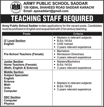 Army Public School Saddar Karachi Jobs 2020 February for Teachers APS Latest
