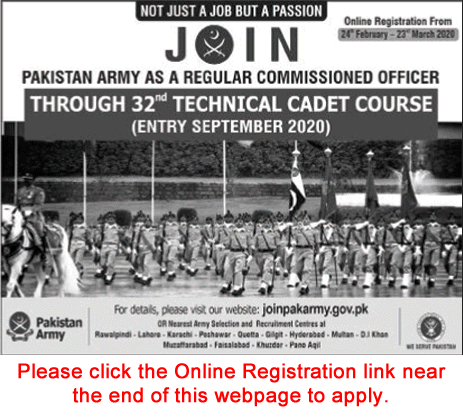 Join Pakistan Army through 32th Technical Cadet Course 2020 February Online Registration as Regular Commissioned Officer Latest