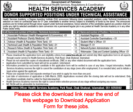 Health Services Academy Islamabad Jobs 2020 March Application Form Download Latest