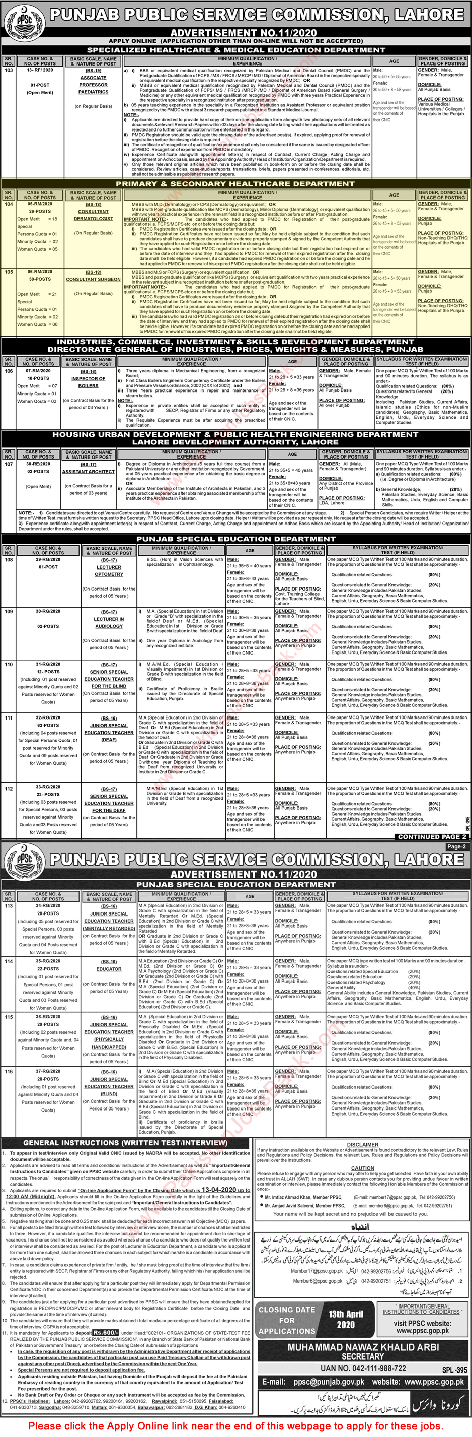 Specialist Doctor Jobs in Primary and Secondary Healthcare Department Punjab 2020 March PPSC Online Apply Latest