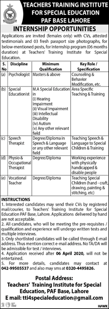 Teachers Training Institute for Special Education Lahore Jobs 2020 March Internships Latest