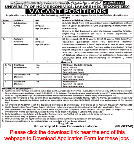 University of Home Economics Lahore Jobs 2020 April Application Form Download Latest