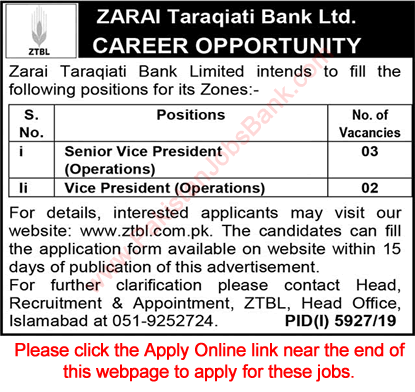 Vice President Jobs in ZTBL 2020 May Apply Online Zarai Taraqiati Bank Limited Latest