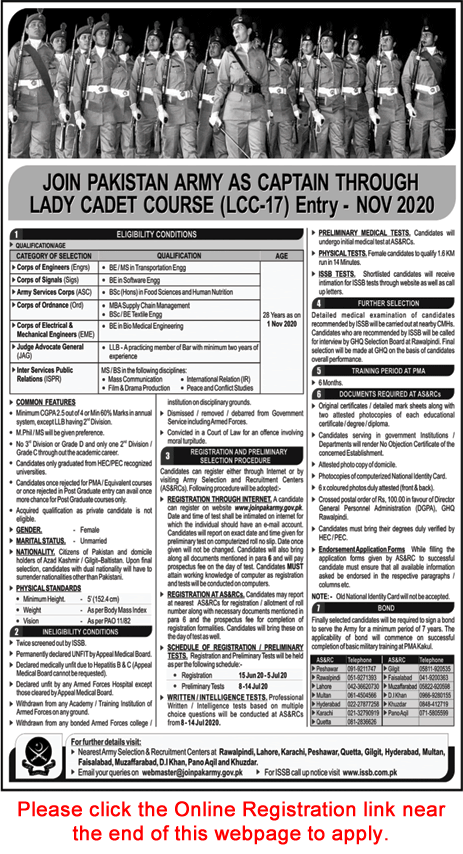 Join Pakistan Army as Captain through Lady Cadet Course 2020 June Online Registration Latest