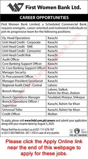 FWBL Jobs July 2020 Apply Online Universal Tellers, Branch Managers & Others Latest
