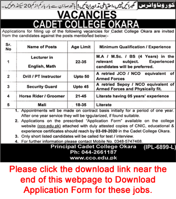 Cadet College Okara Jobs 2020 August Application Form Lecturers & Others Latest