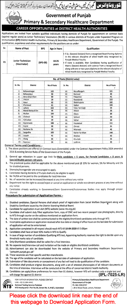 Vaccinator Jobs in Primary and Secondary Healthcare Department Punjab August 2020 NTS Application Form Latest