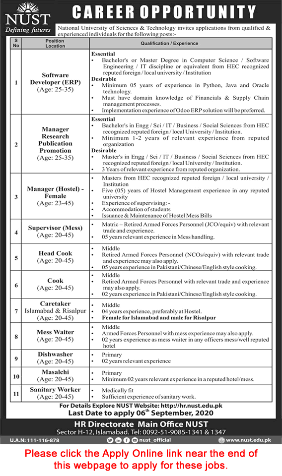 NUST University Islamabad Jobs August 2020 September Apply Online National University of Science and Technology Latest
