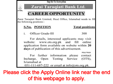 Officer Grade-III Jobs in ZTBL October 2020 OTS Online Apply Zarai Taraqiati Bank Limited OG-3 Latest
