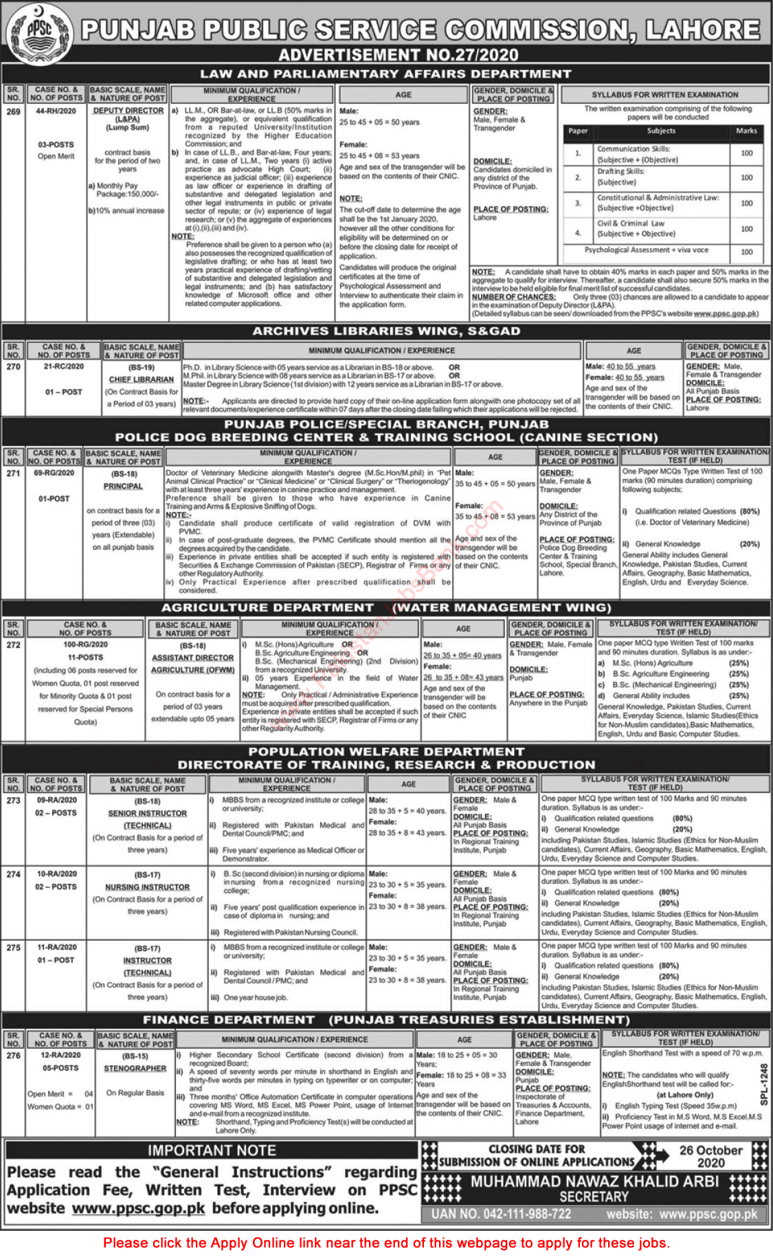 PPSC Jobs October 2020 Online Apply Consolidated Advertisement No 27/2020 Latest