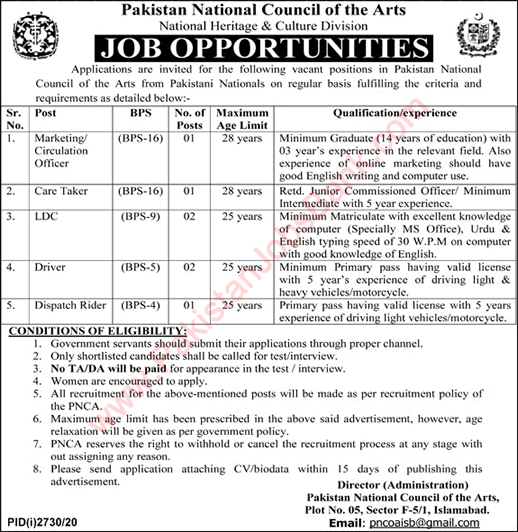 Pakistan National Council of the Arts Jobs November 2020 PNCA Islamabad Clerks, Drivers & Others Latest