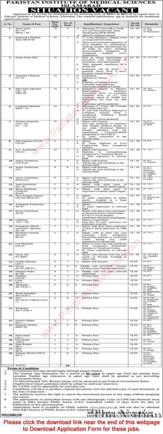 PIMS Hospital Islamabad Jobs December 2020 Application Form Pakistan Institute of Medical Sciences Latest