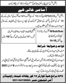 Clerk Jobs in Army Public School and College System Chaklala Cantt Rawalpindi December 2020 Ex/Retired Naib / Subedar Latest